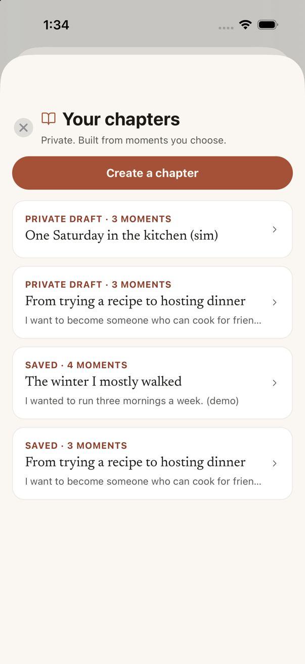 Your chapters screen showing private drafts and saved personal chapters