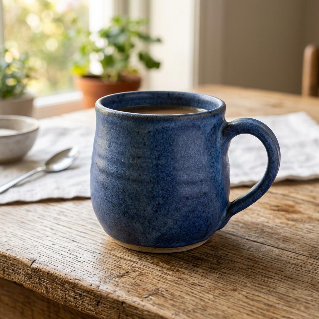 A handmade blue ceramic mug on an oak table, saved in Trevio